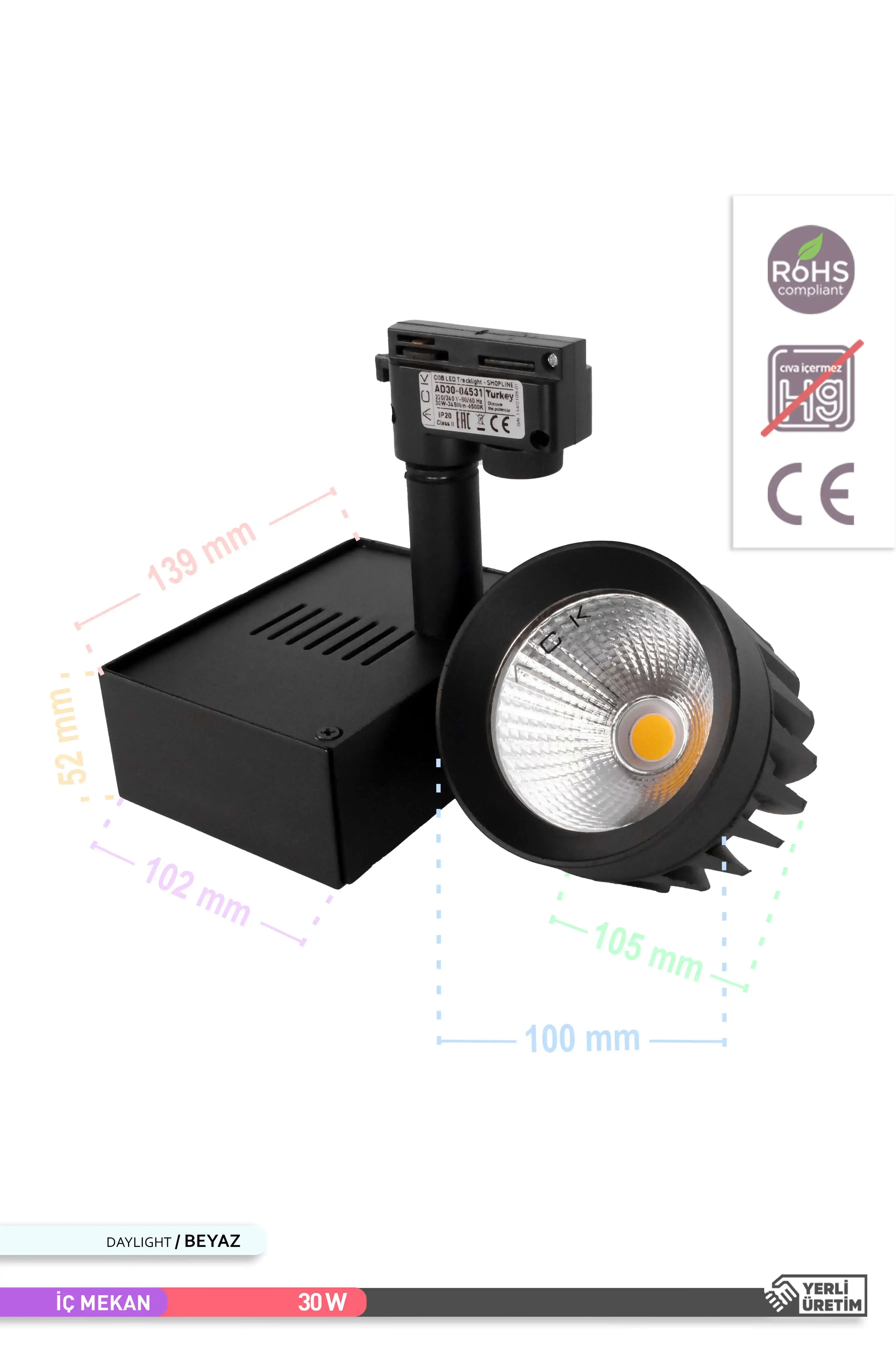 ACK COB LED Monofaze Ray Armatürü Siyah Kasa 6500K Beyaz Işık 30W