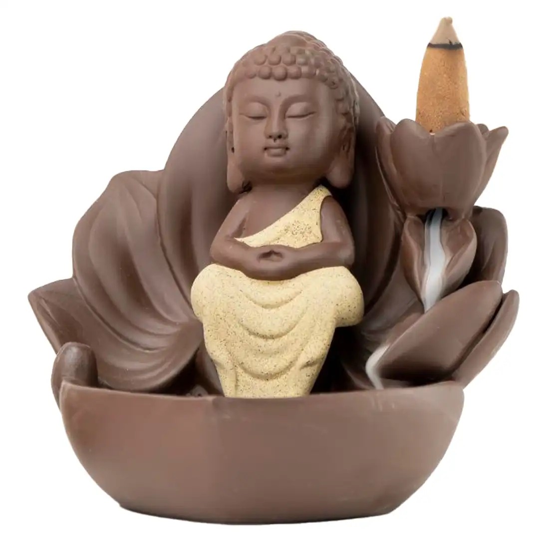 Zen Oturan Buddha El Yapımı Seramik Geri Akışlı Şelale Tütsülük