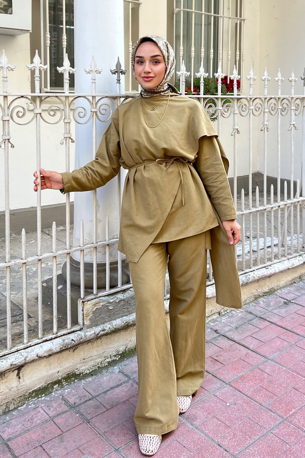 Şal Yaka Keten Takım-Haki