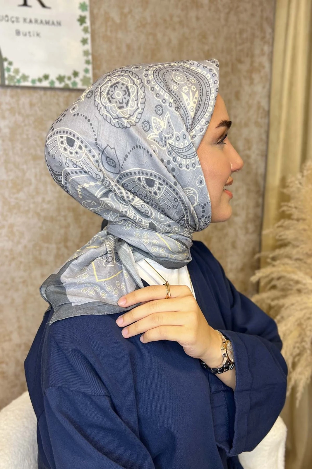 Vintage Bambu Kraş Eşarp-Gri