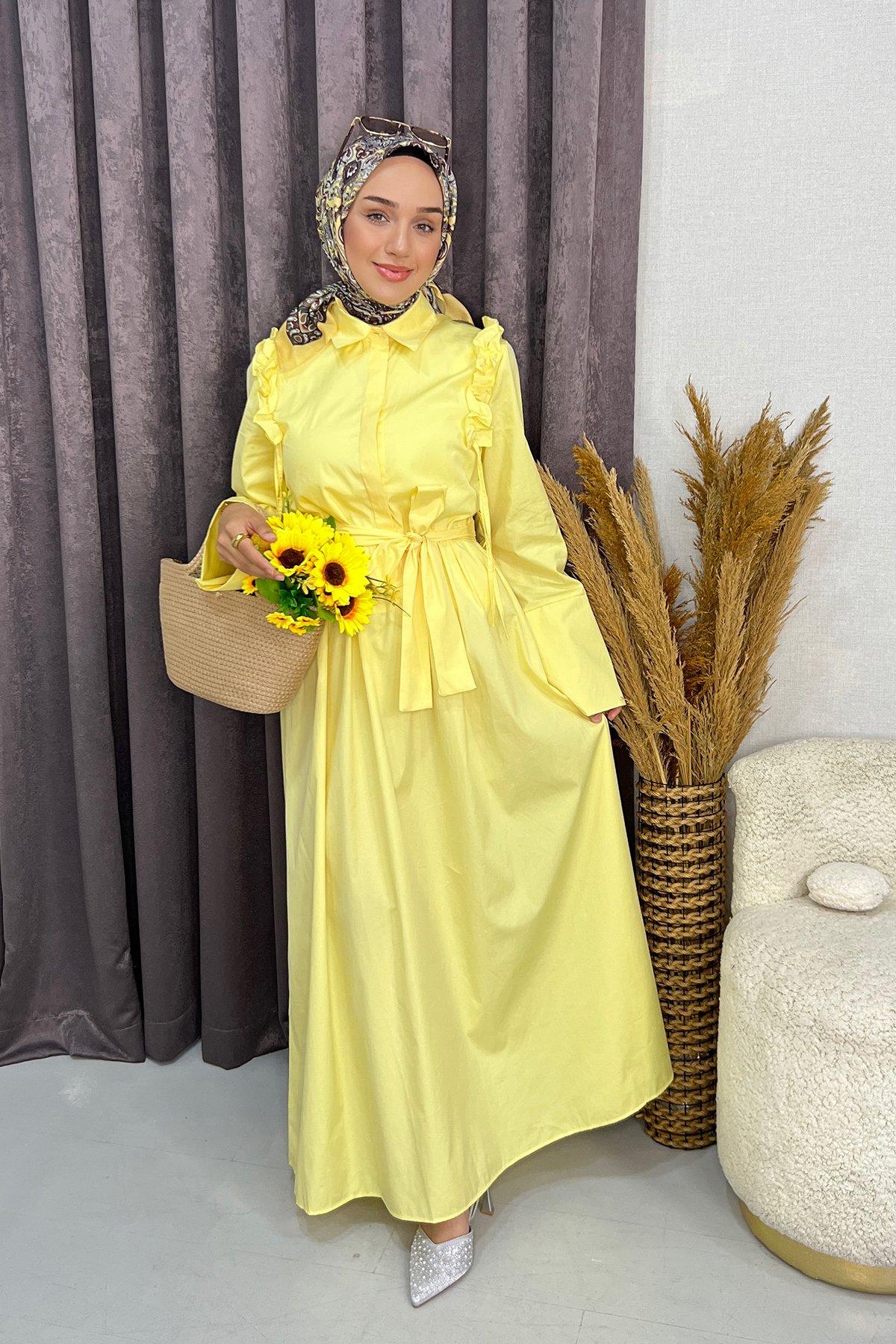 Poplin Kumaş Elbise-Sarı