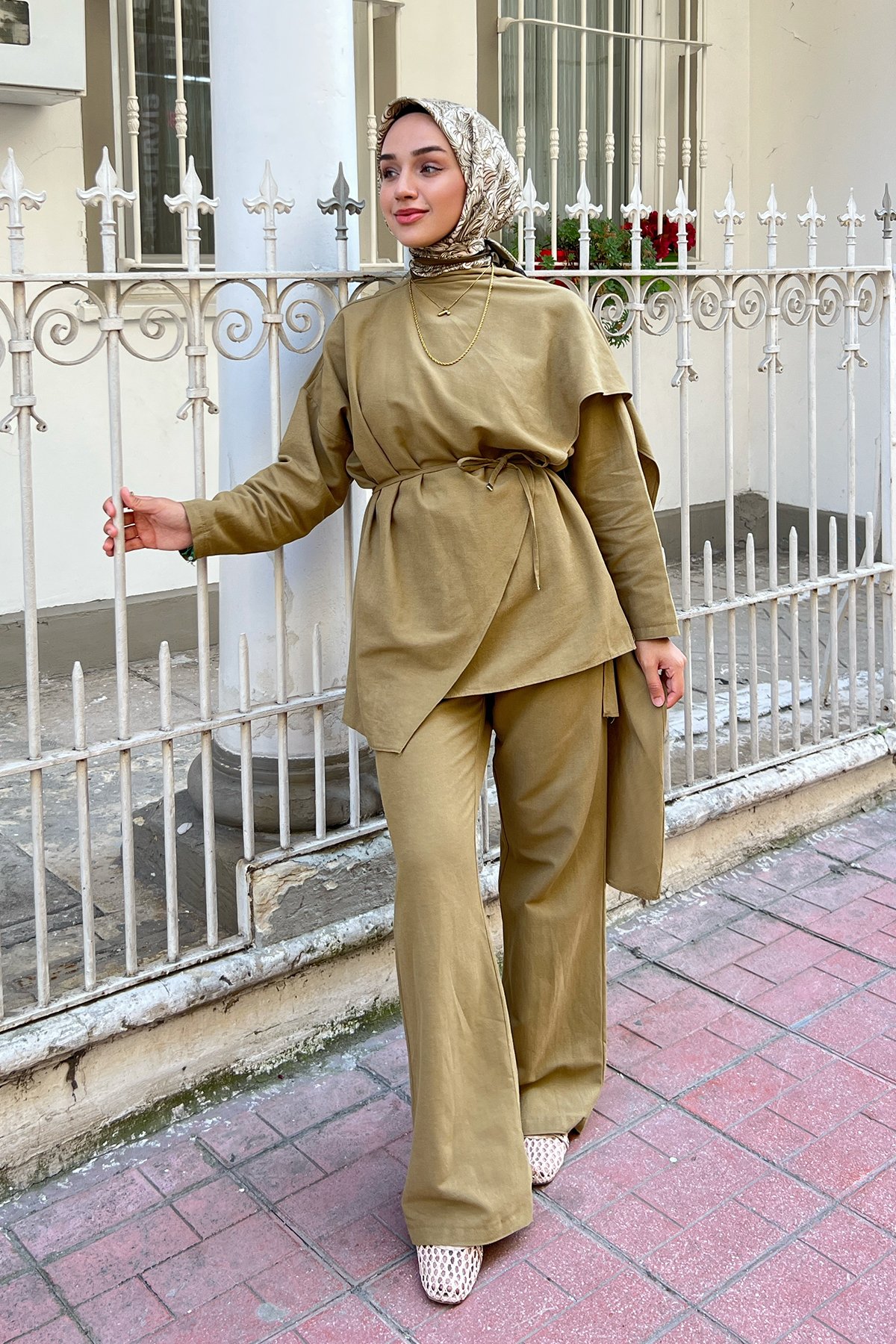 Şal Yaka Keten Takım-Haki