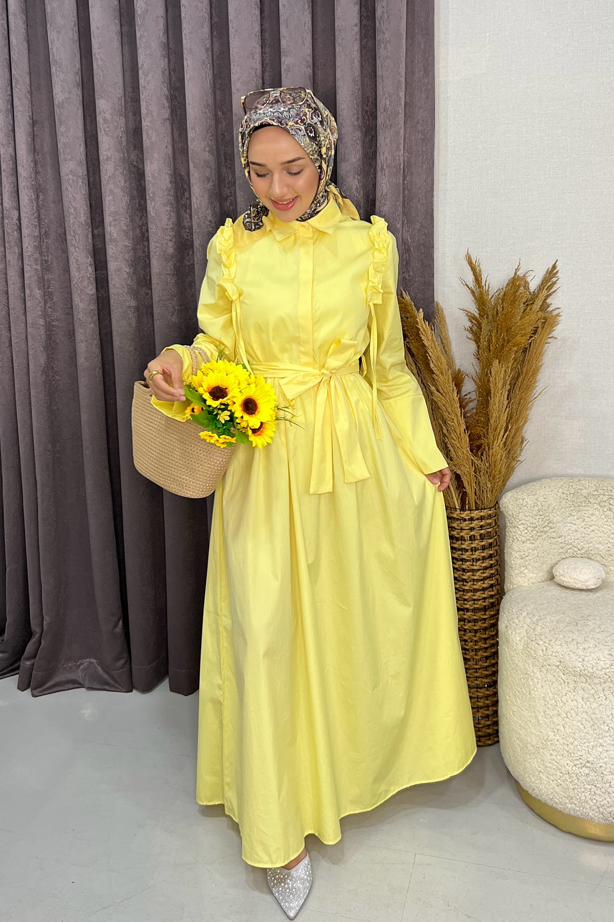 Poplin Kumaş Elbise-Sarı