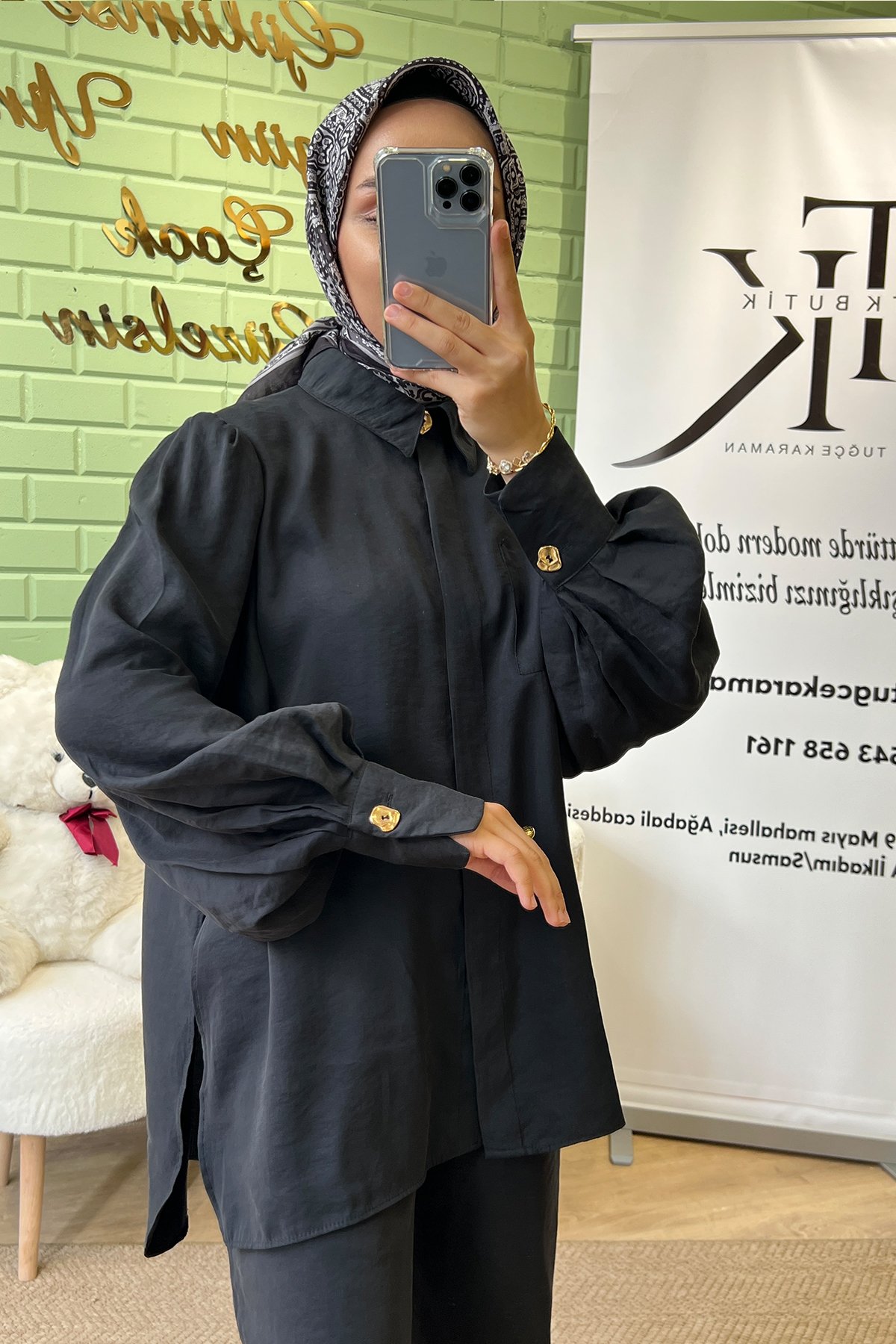 Düğme Detaylı İkili Takım-Siyah