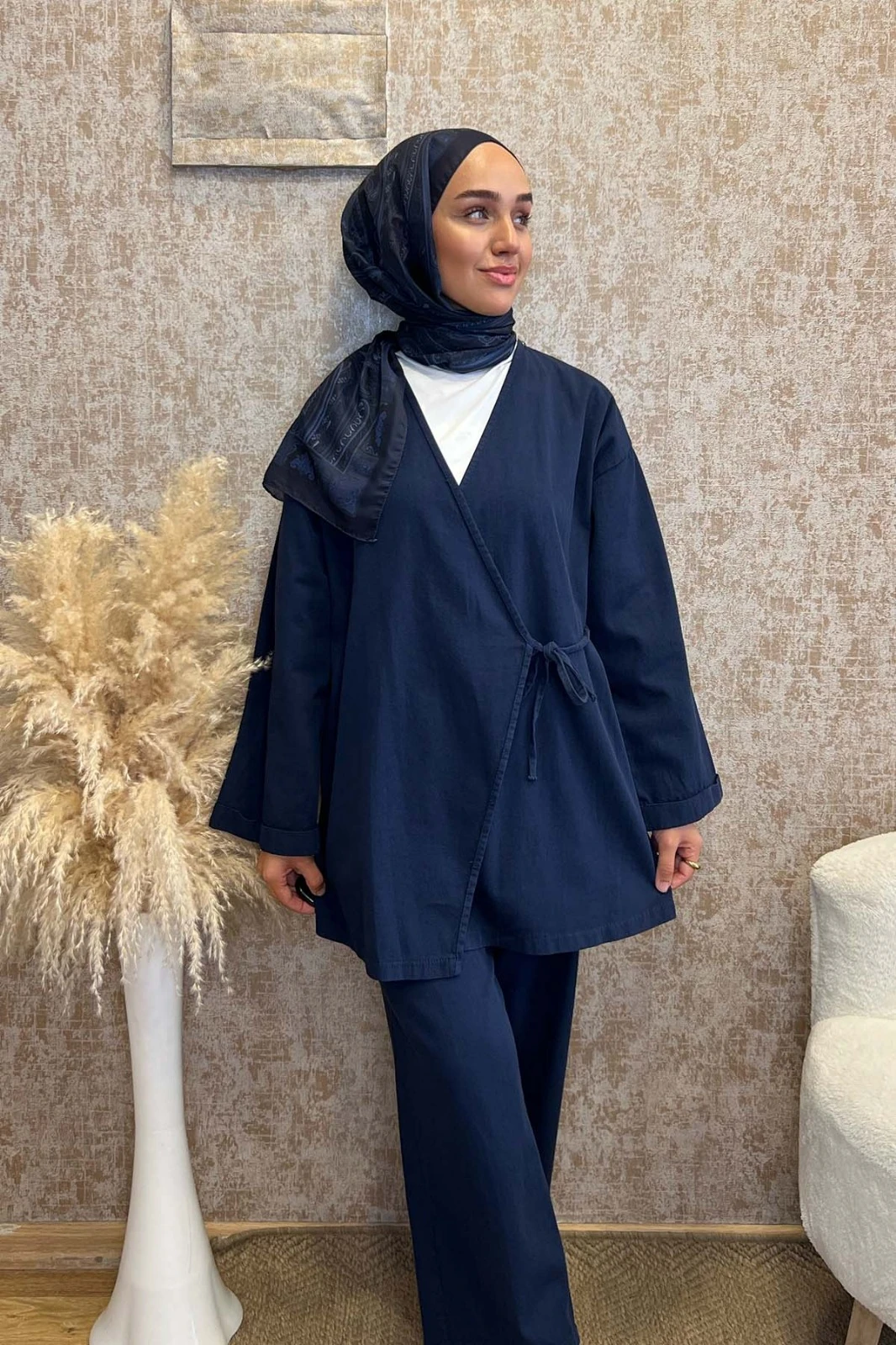 Yandan Bağlamalı Keten Takım-Lacivert