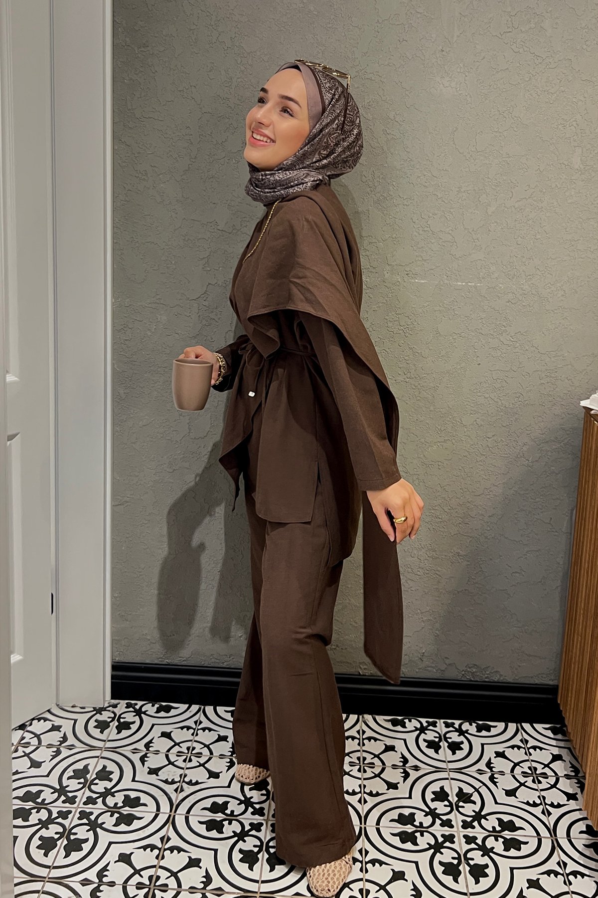 Şal Yaka Keten Takım-Kahverengi