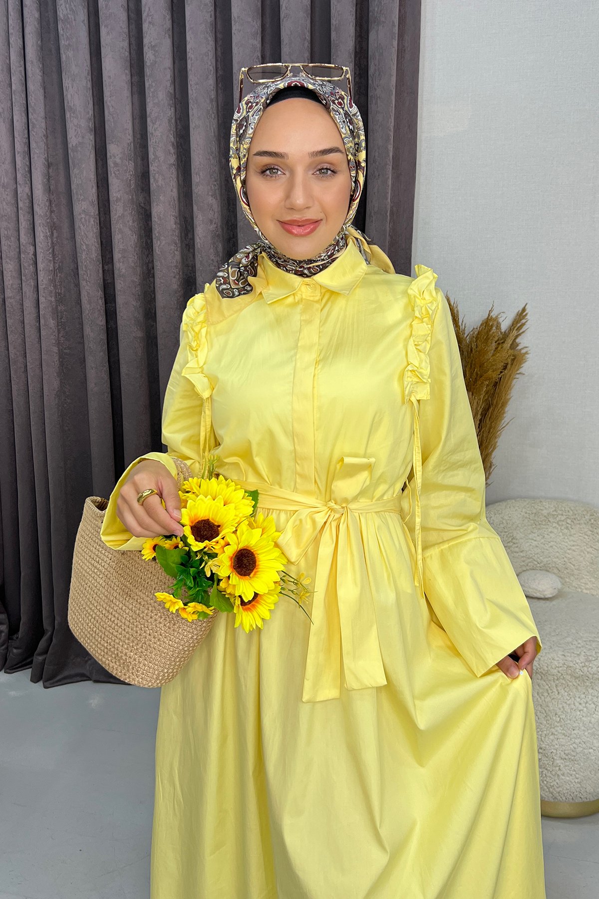 Poplin Kumaş Elbise-Sarı
