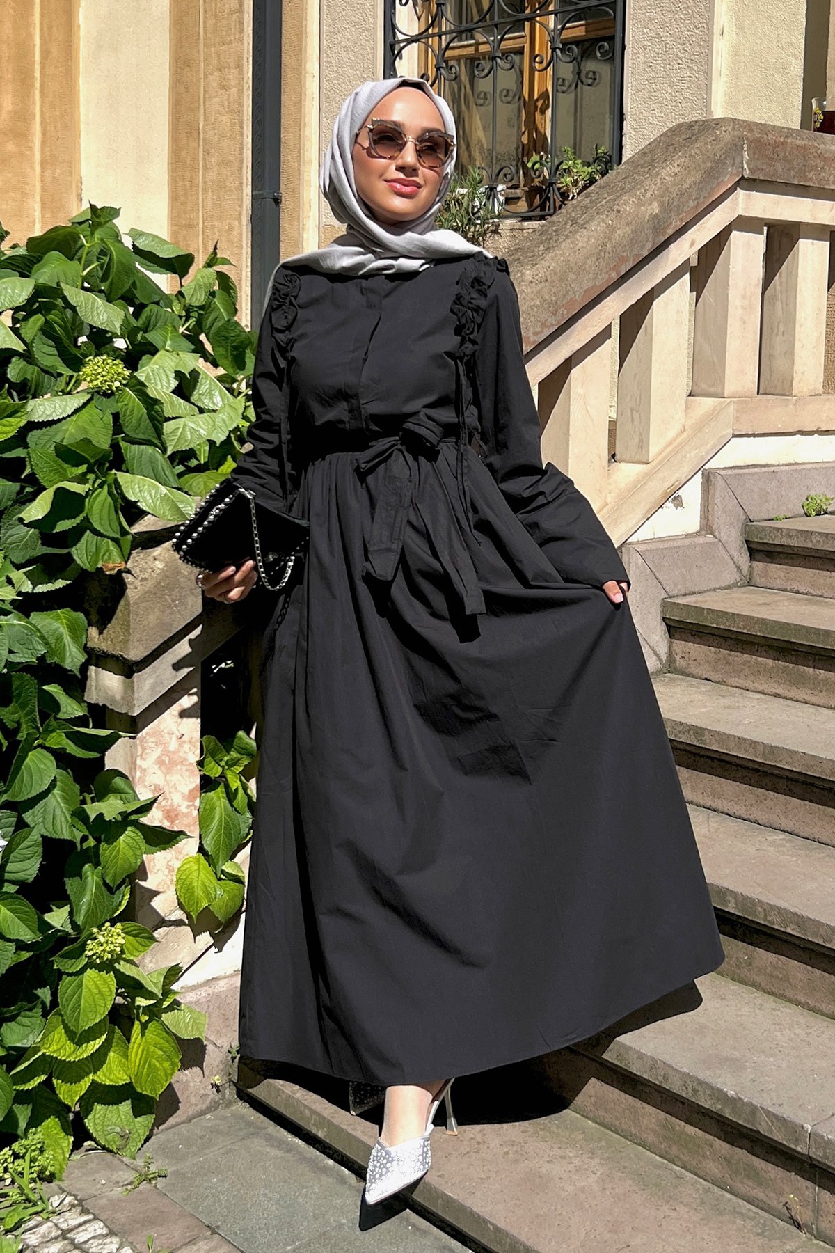 Poplin Kumaş Elbise-Siyah