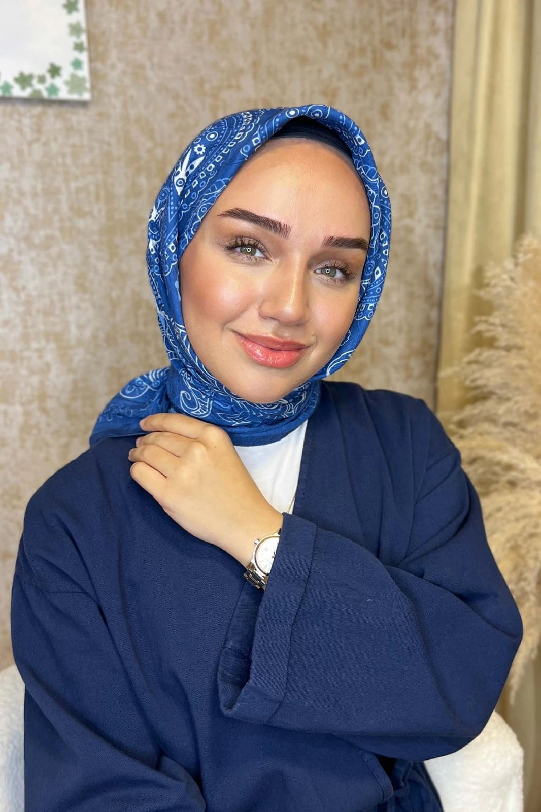 Vintage Bambu Kraş Eşarp-Saks Mavi