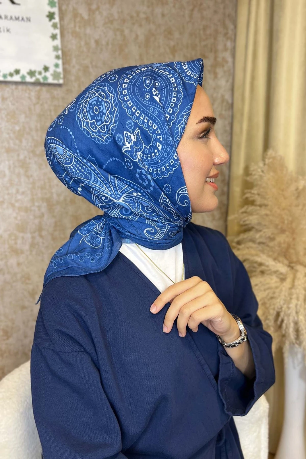 Vintage Bambu Kraş Eşarp-Saks Mavi