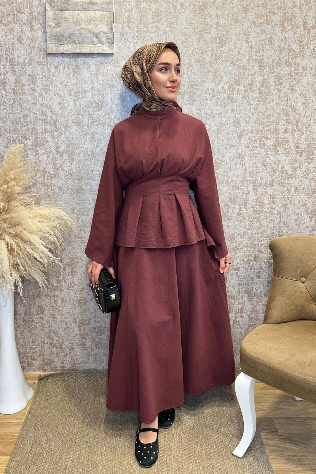 Belden Oturtmalı Etek Takım- Bordo