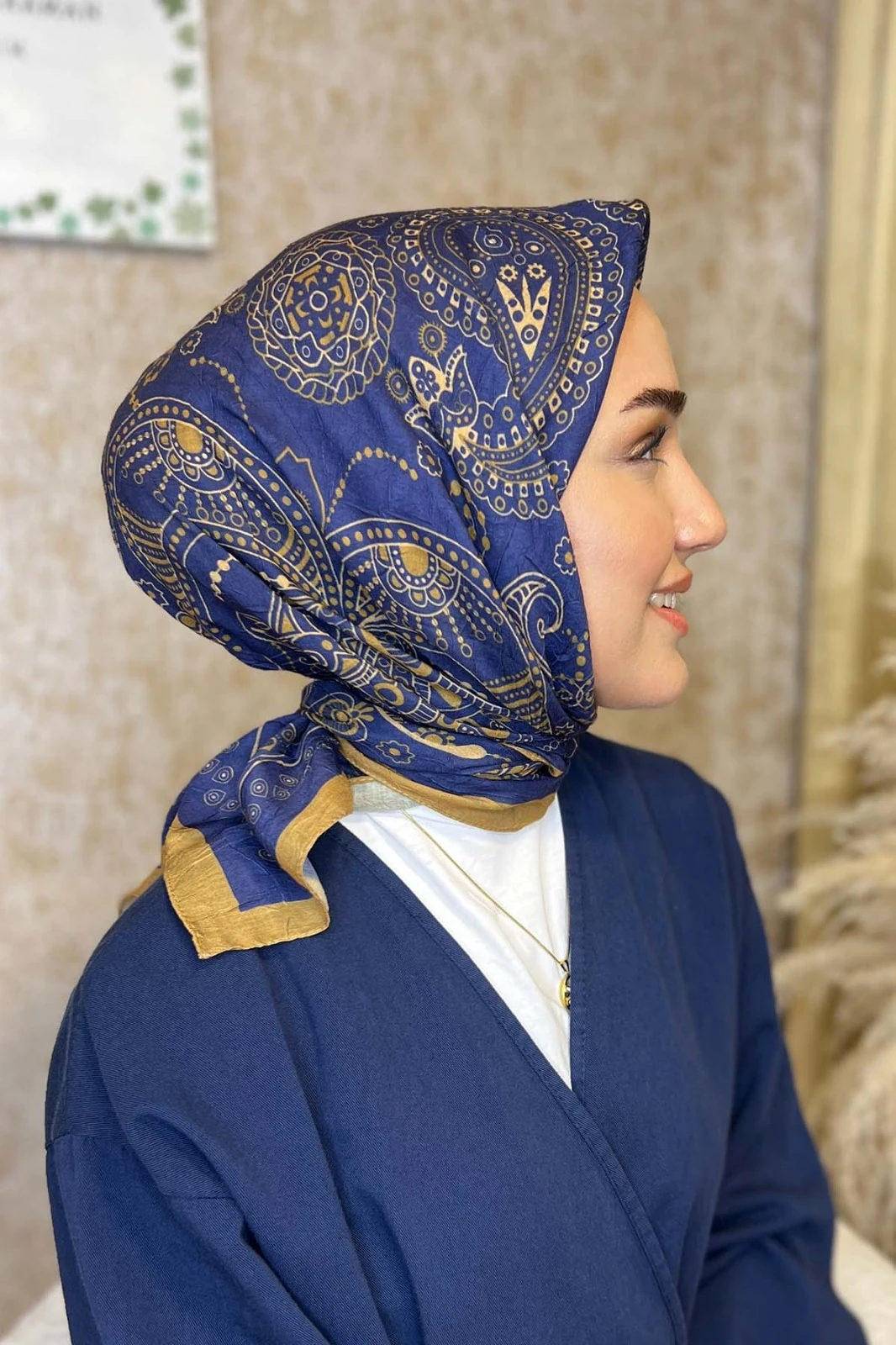 Vintage Bambu Kraş Eşarp-Lacivert