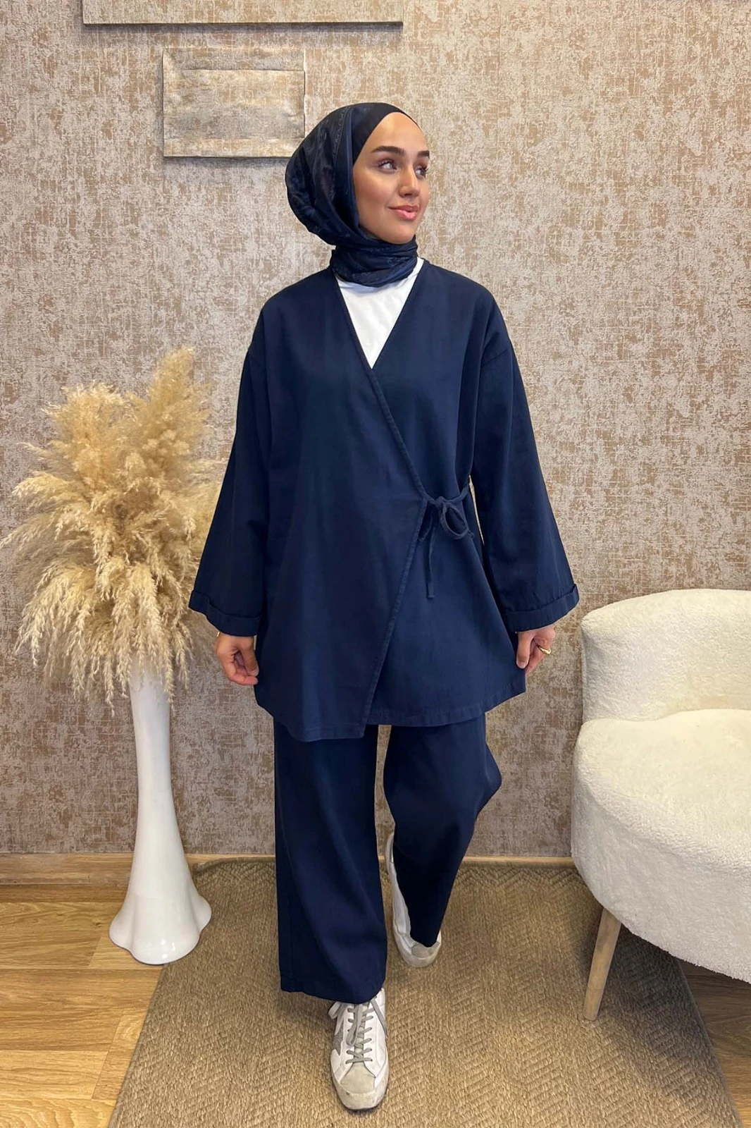 Yandan Bağlamalı Keten Takım-Lacivert