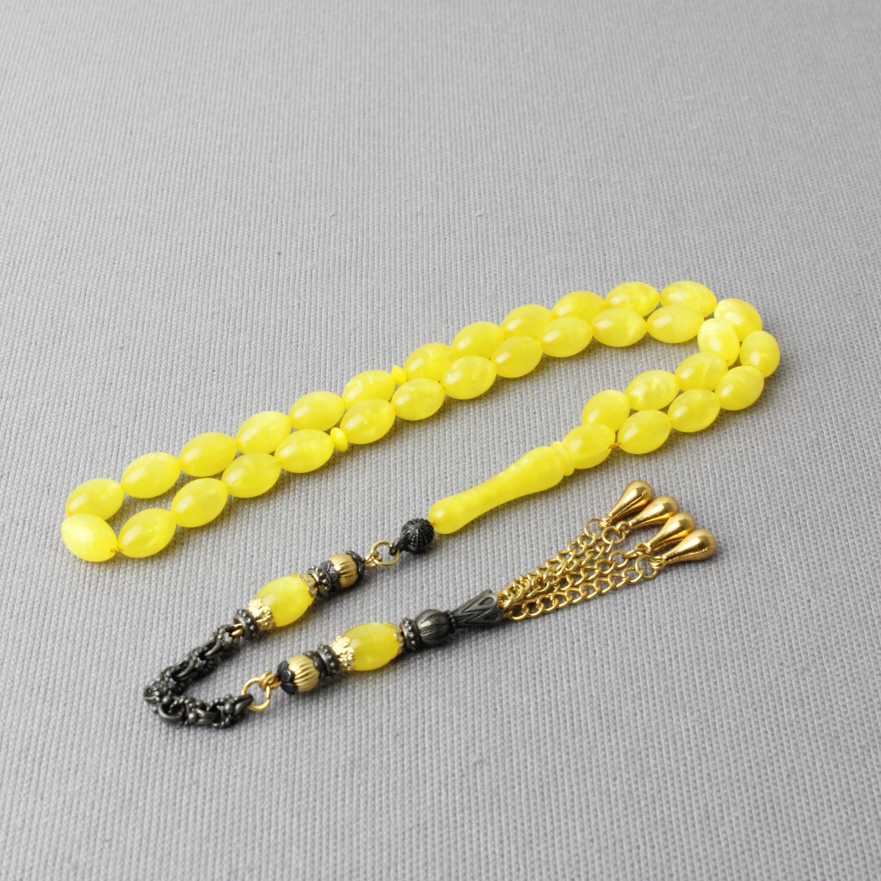 Simli Hamur Neon Sarı Beyzi Model Sıkma Kehribar Tespih