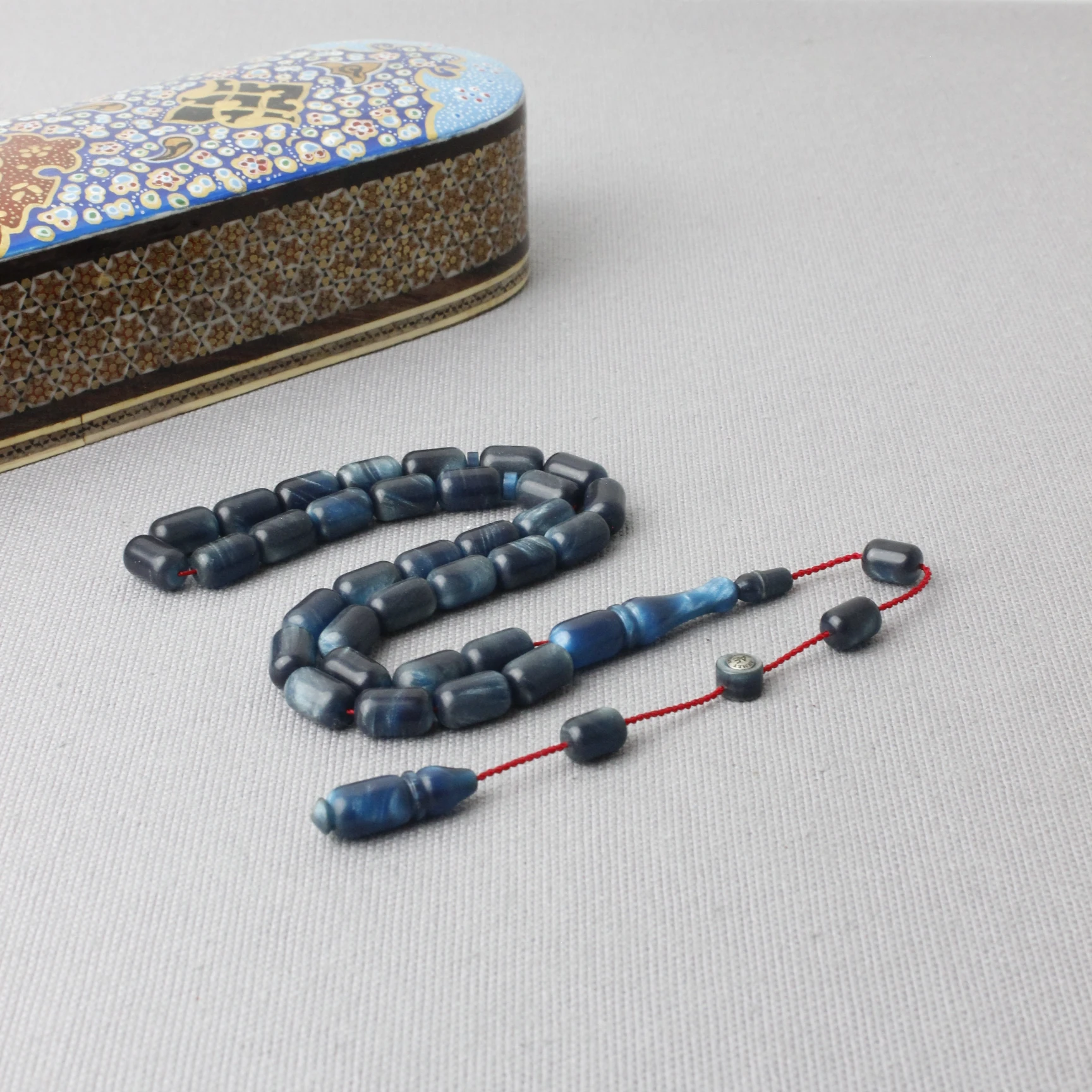 Ahmet Eryılmaz Usta İmzalı Simli Hamur Okyanus Mavisi Sıkma Kehribar Tespih