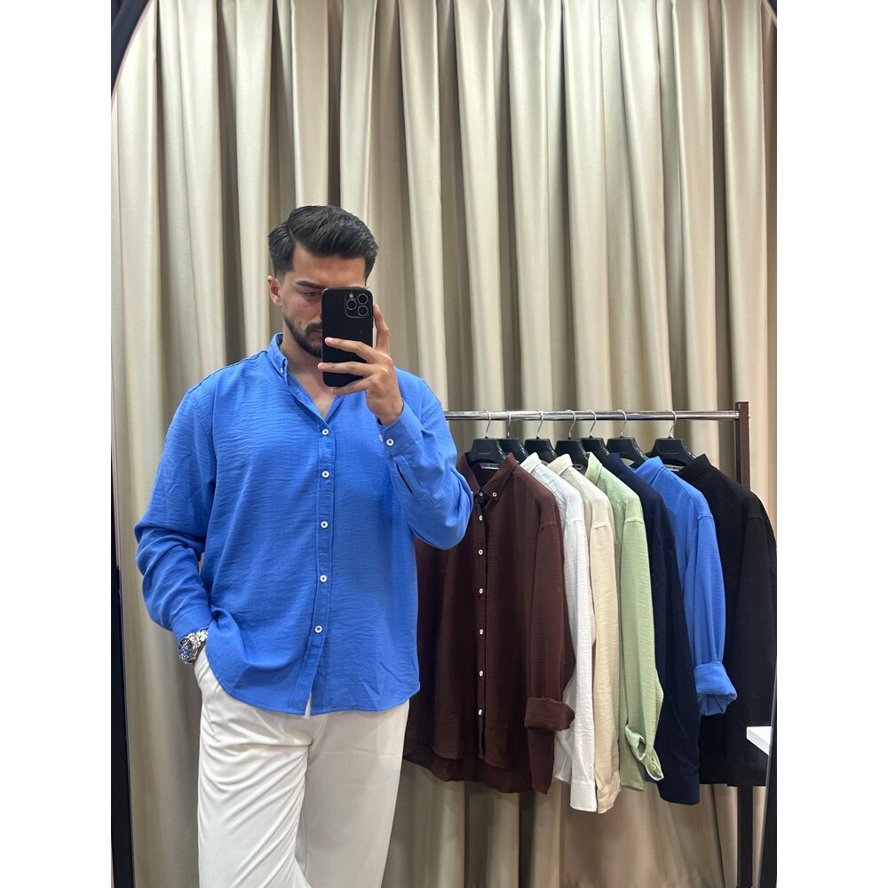 Oversize Mavi Keten Gömlek