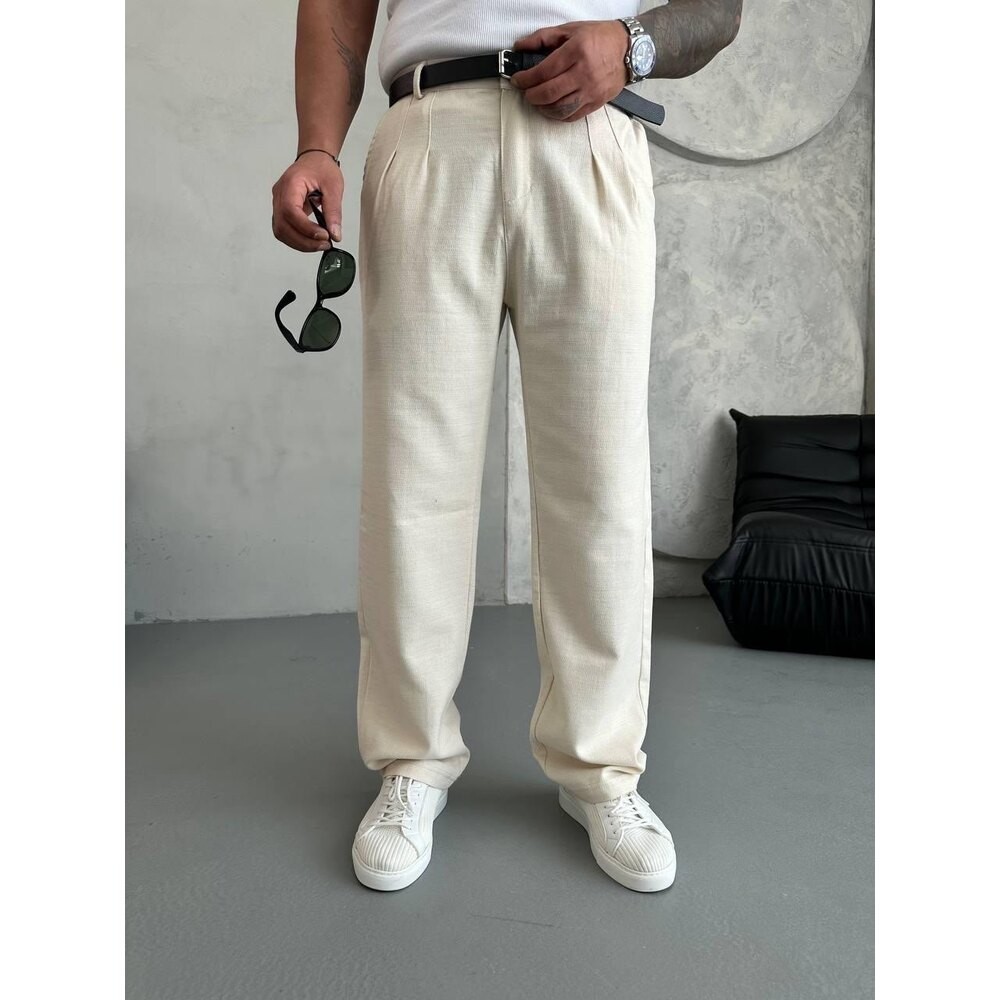 Baggy Krem Keten Pantolon