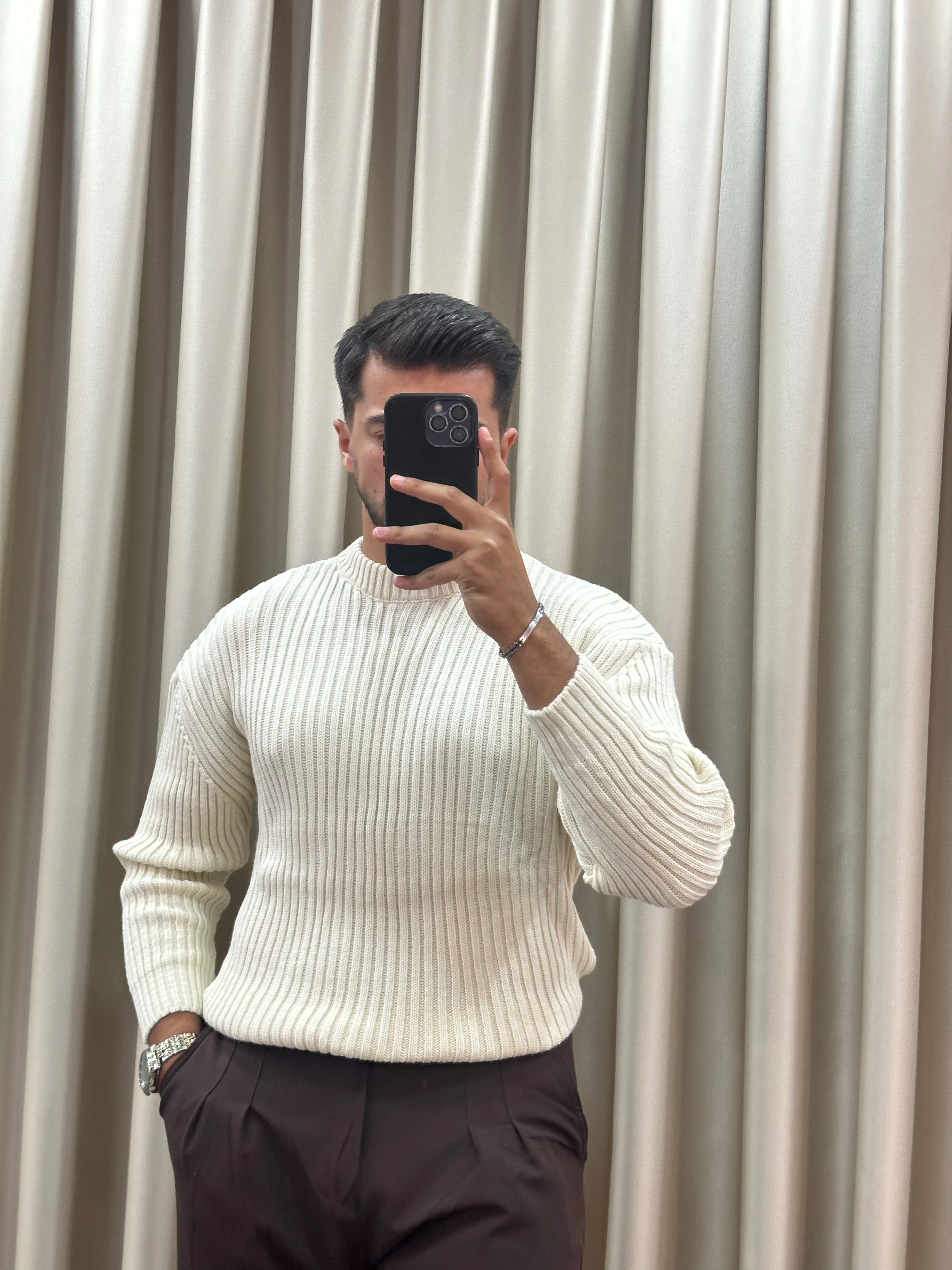 Oversize Örme Triko Kazak - Krem