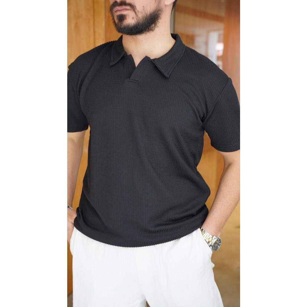 Polo Yaka Siyah Tişört Örme Kumaş