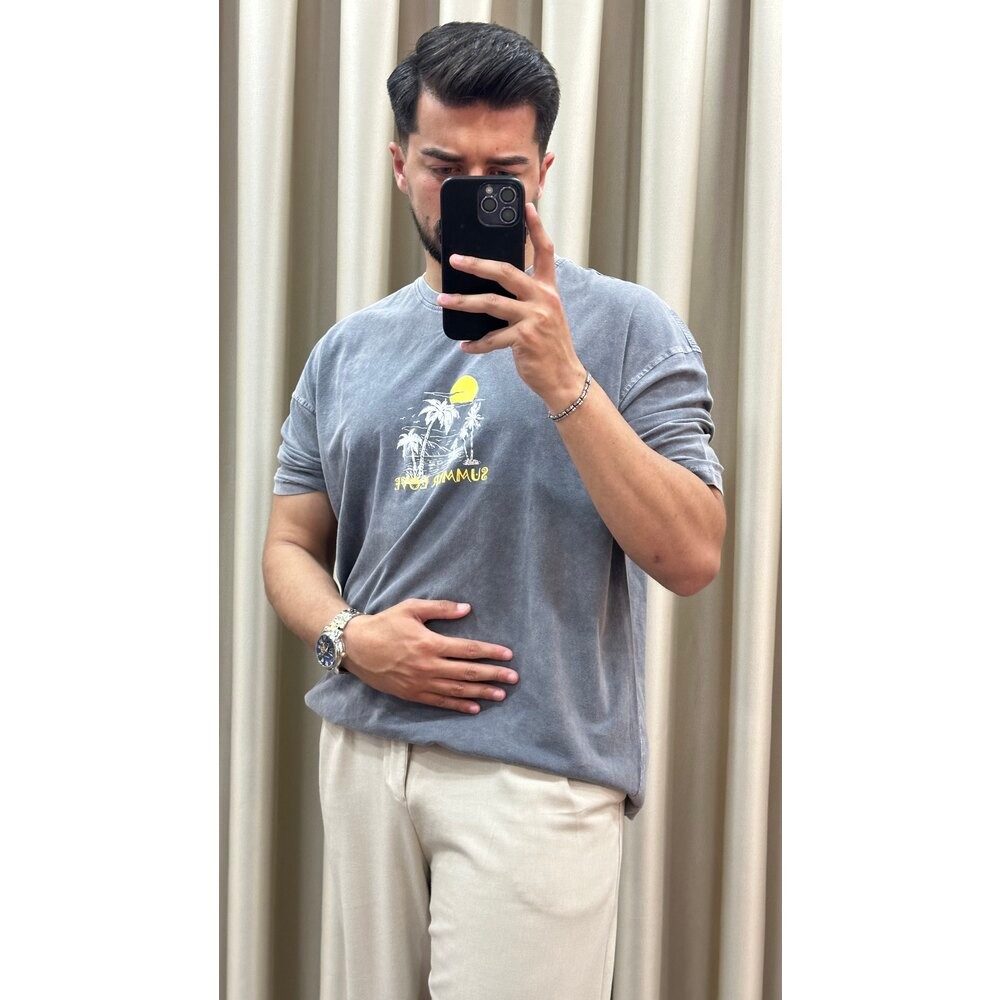 Oversize Yıkamalı Gri Tişört