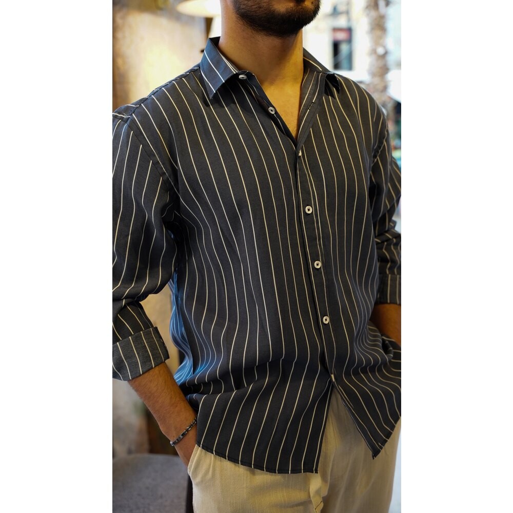 Lacivert Çizgili Oversize Modal Kumaş Gömlek