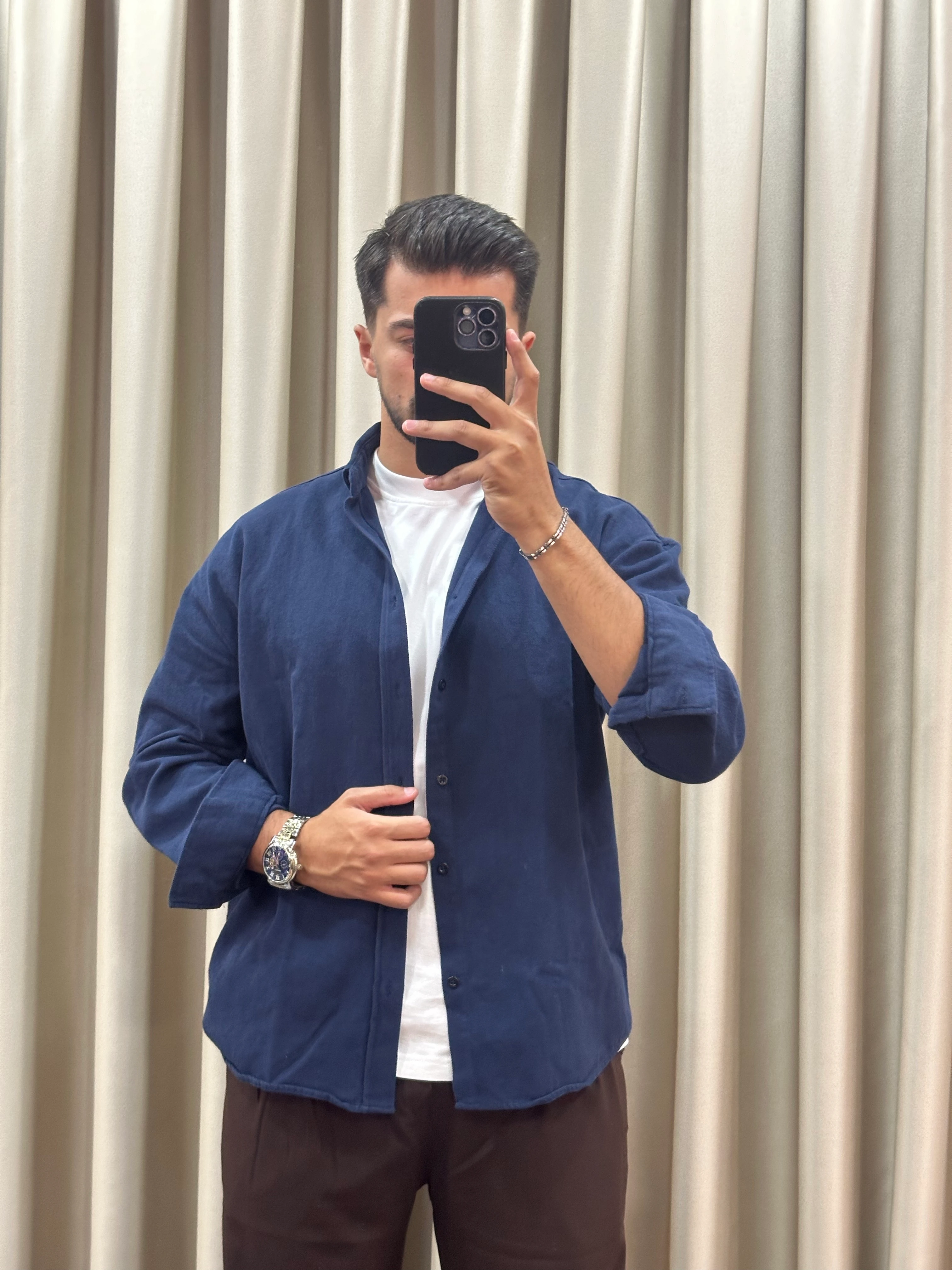 Oversize Lacivert Gabardin Mevsimlik Gömlek