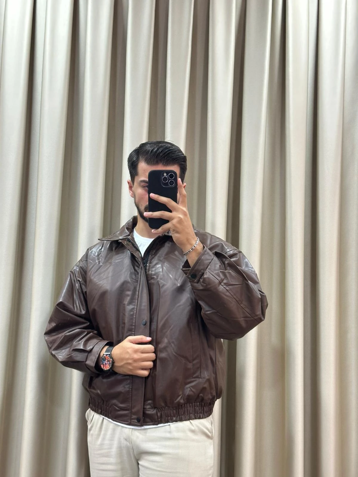 Oversize Bomber Deri Ceket - Kahverengi