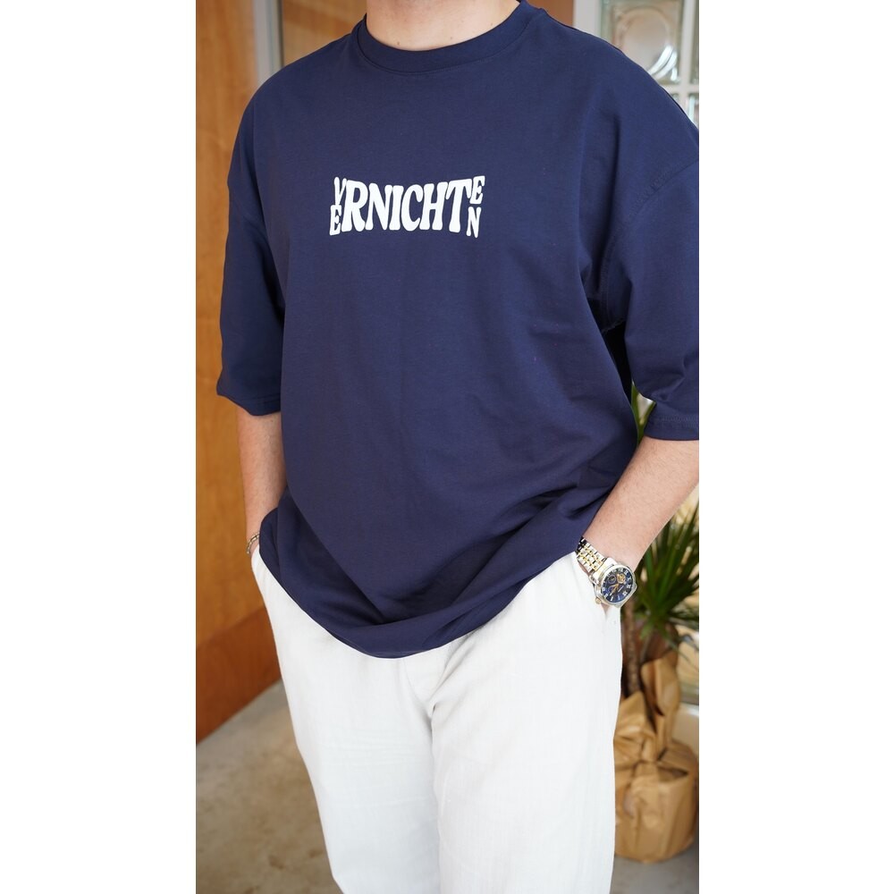 Oversize Enjeksiyon Baskılı Lacivert Tişört