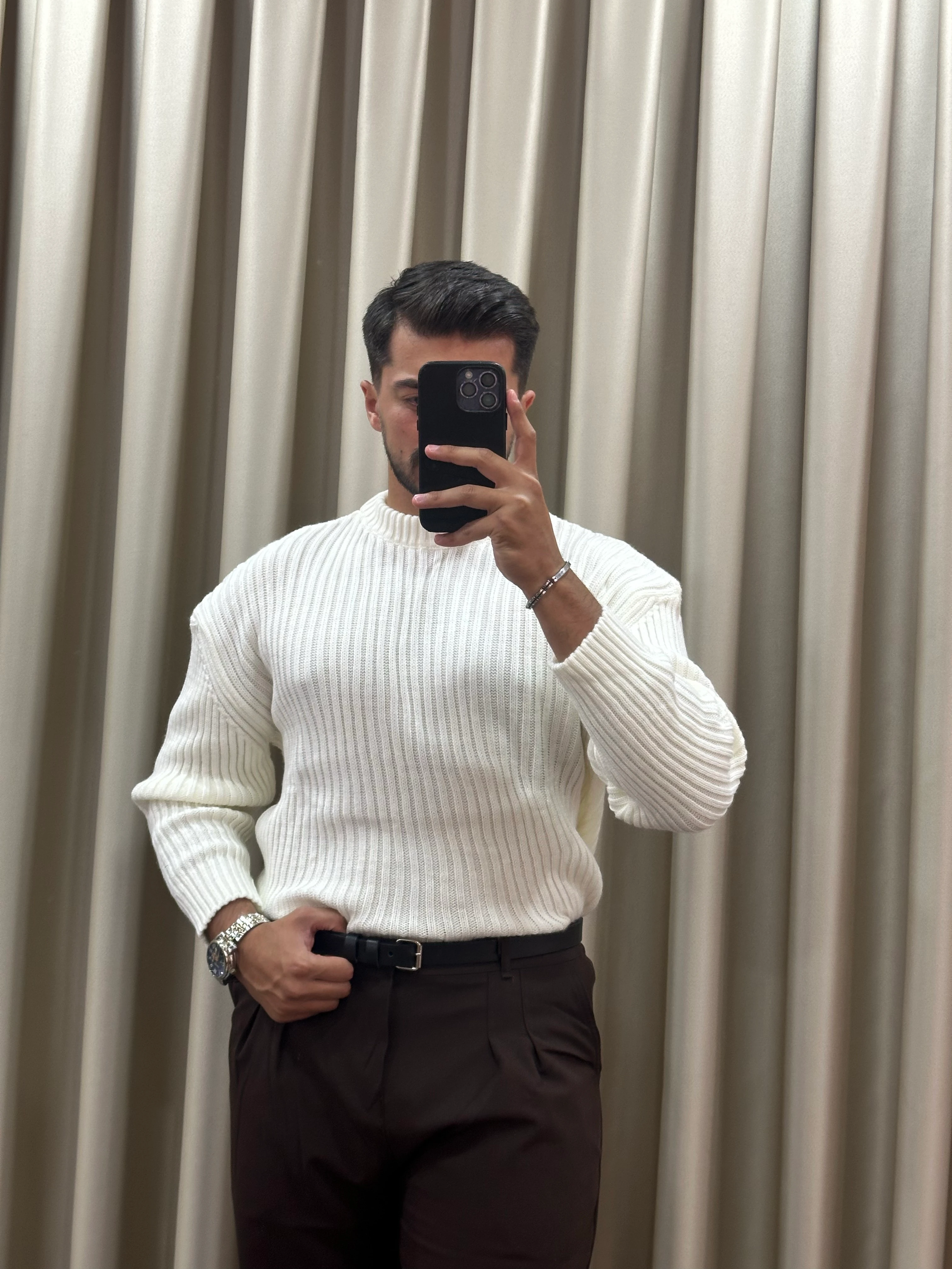 Oversize Örme Triko Kazak - Ekru