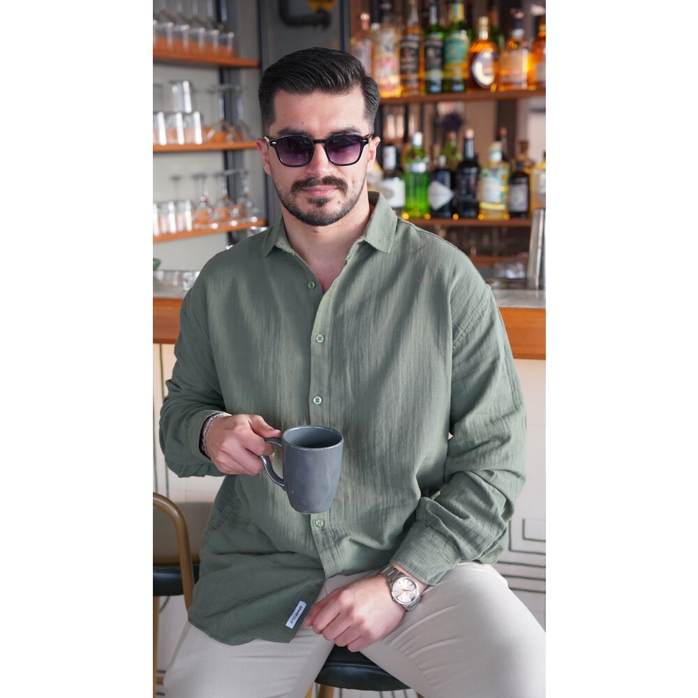 Oversize Müslin Haki Yeşil Gömlek