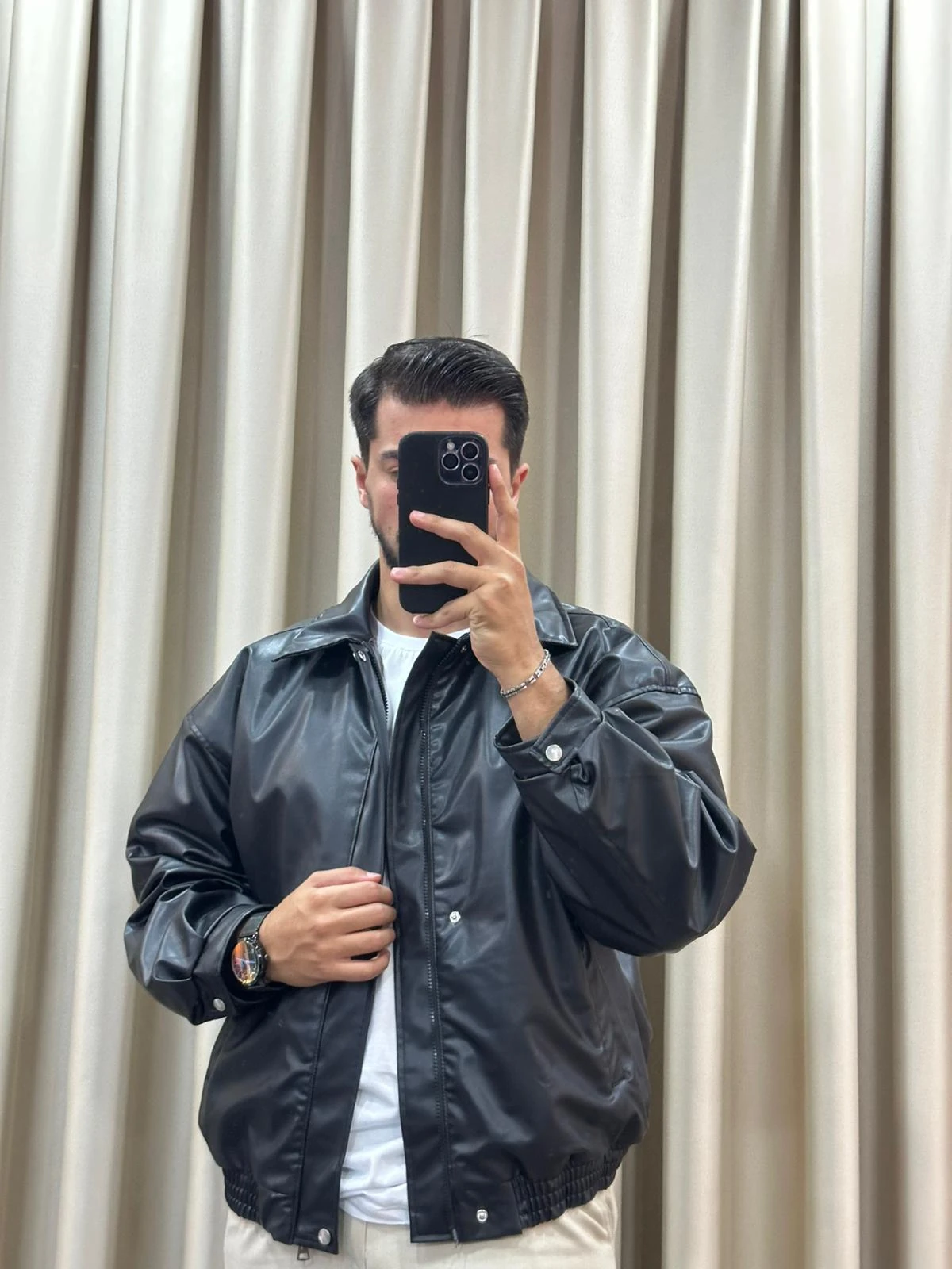 Oversize Bomber Deri Ceket - Siyah