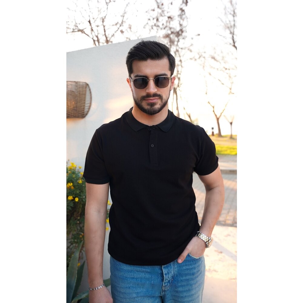 Polo yaka kısa kol siyah