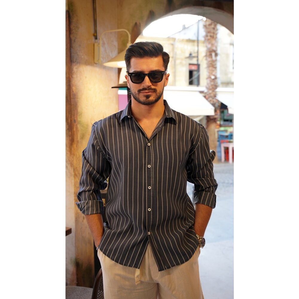 Lacivert Çizgili Oversize Modal Kumaş Gömlek