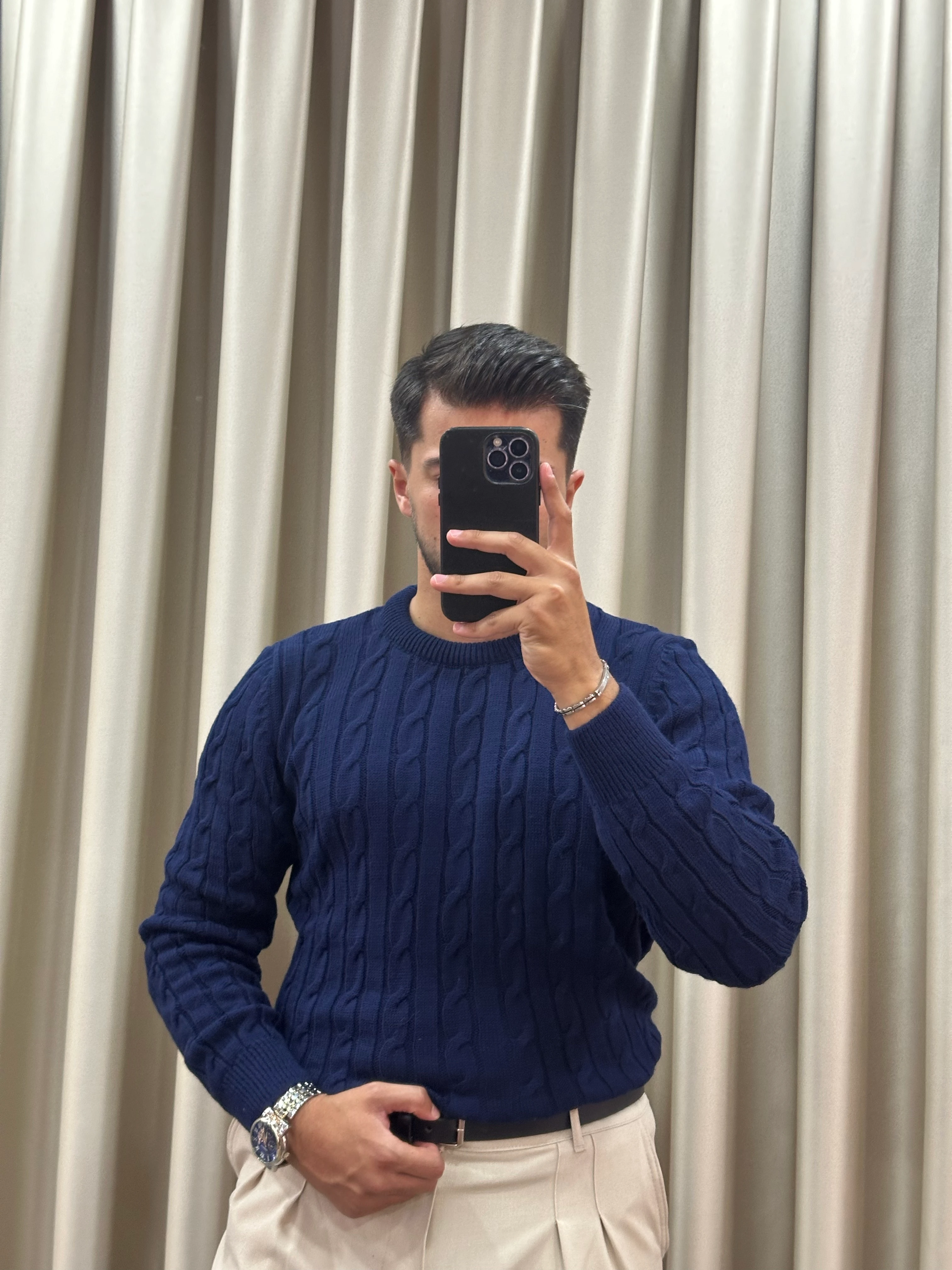 Zincir Örme Premium Triko Kazak - Lacivert