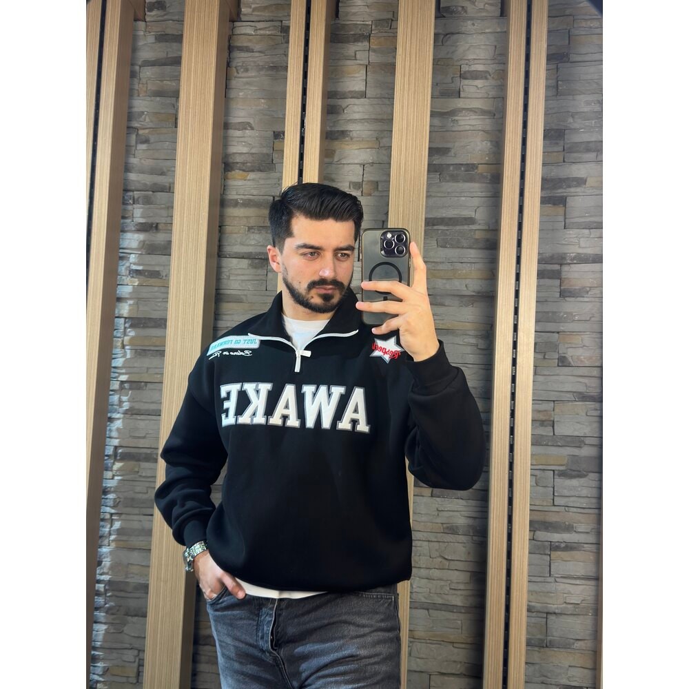 Yarım Fermuarlı Baskılı Sweat Siyah