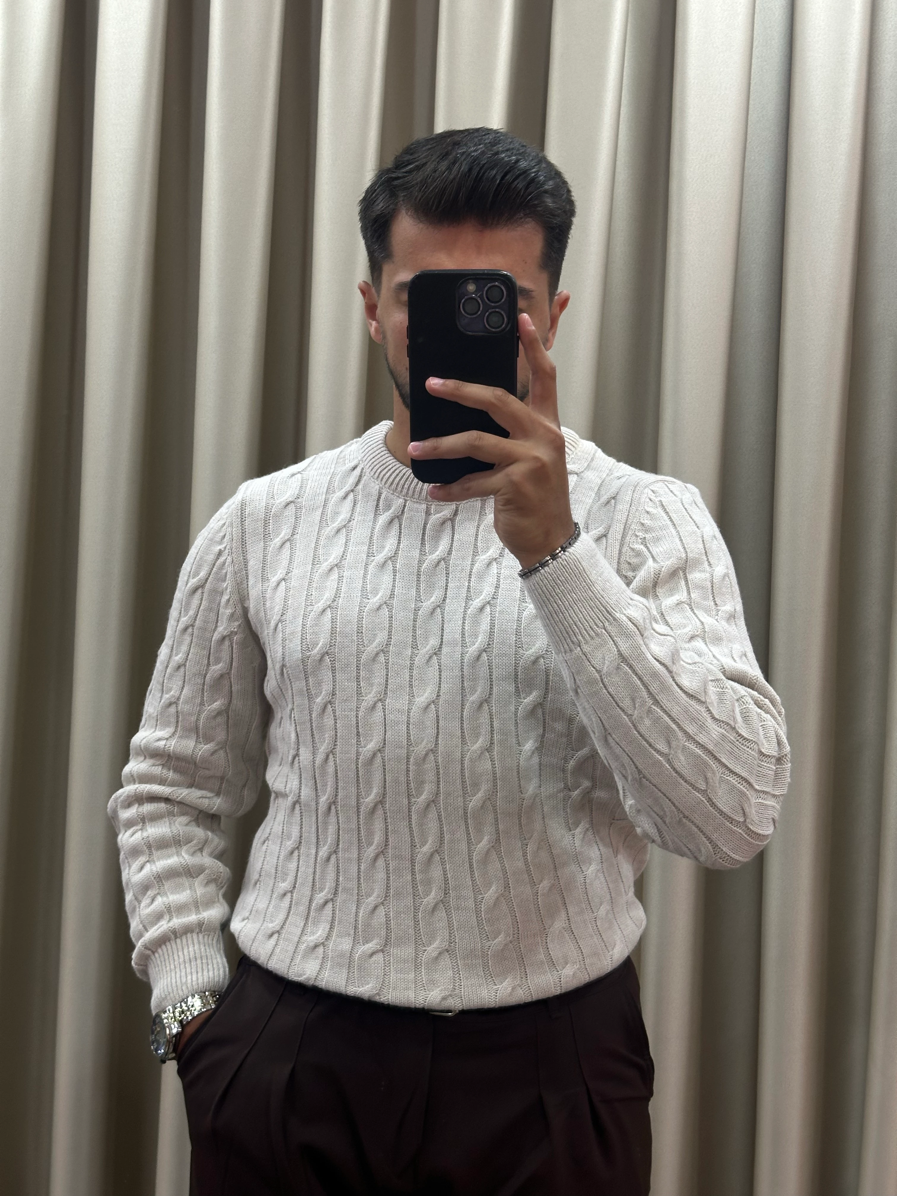 Zincir Örme Premium Triko Kazak - Krem