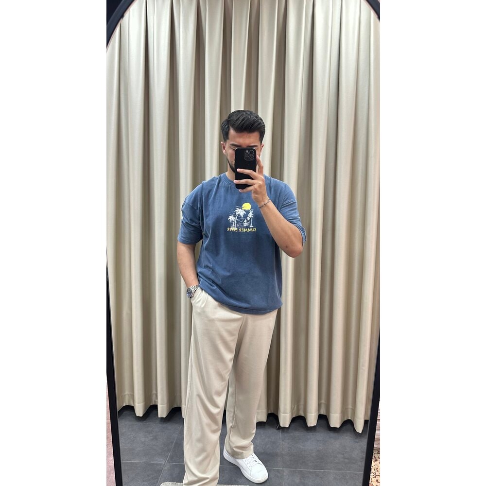Oversize Yıkamalı Mavi Tişört