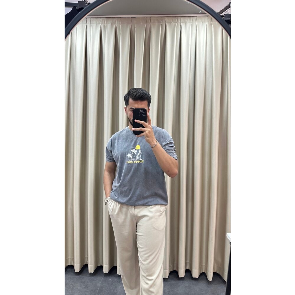 Oversize Yıkamalı Gri Tişört