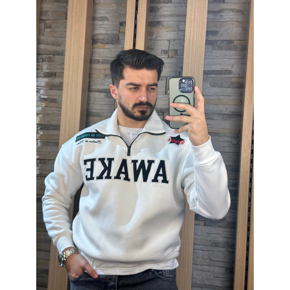Yarım Fermuarlı Baskılı Sweat Beyaz