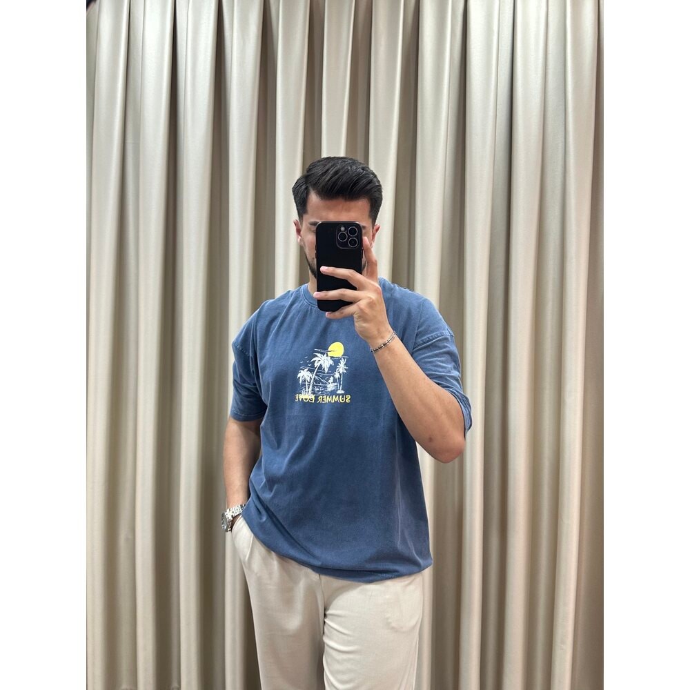 Oversize Yıkamalı Mavi Tişört