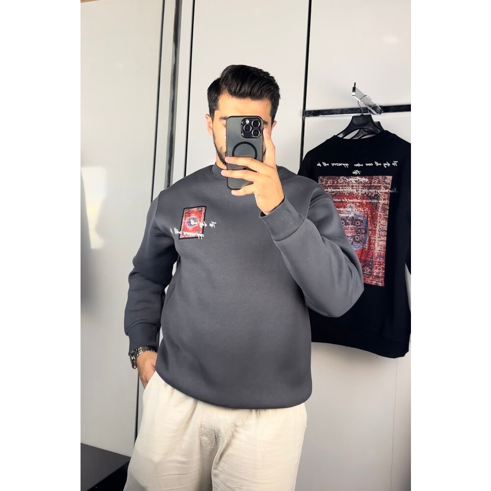 Etnik desen baskılı oversize sweat Antrasit