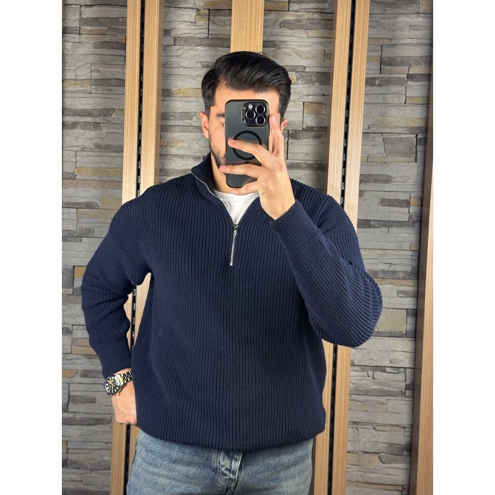 Yarım Fermuarlı Oversize Lacivert Triko Kazak