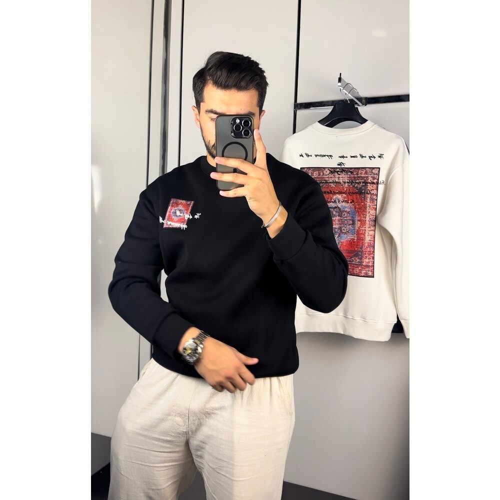 Etnik desen baskılı oversize sweat Siyah