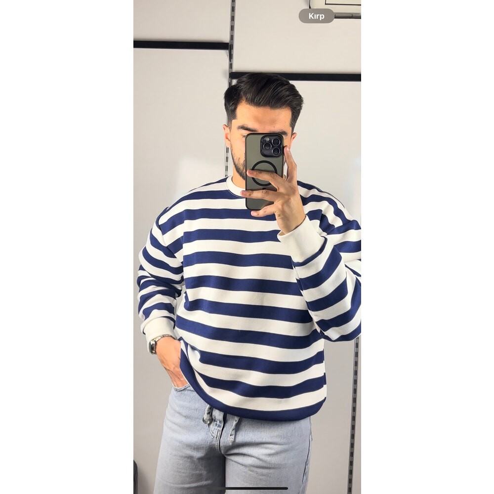 Oversize Mavi&Beyaz Çizgili Sweat