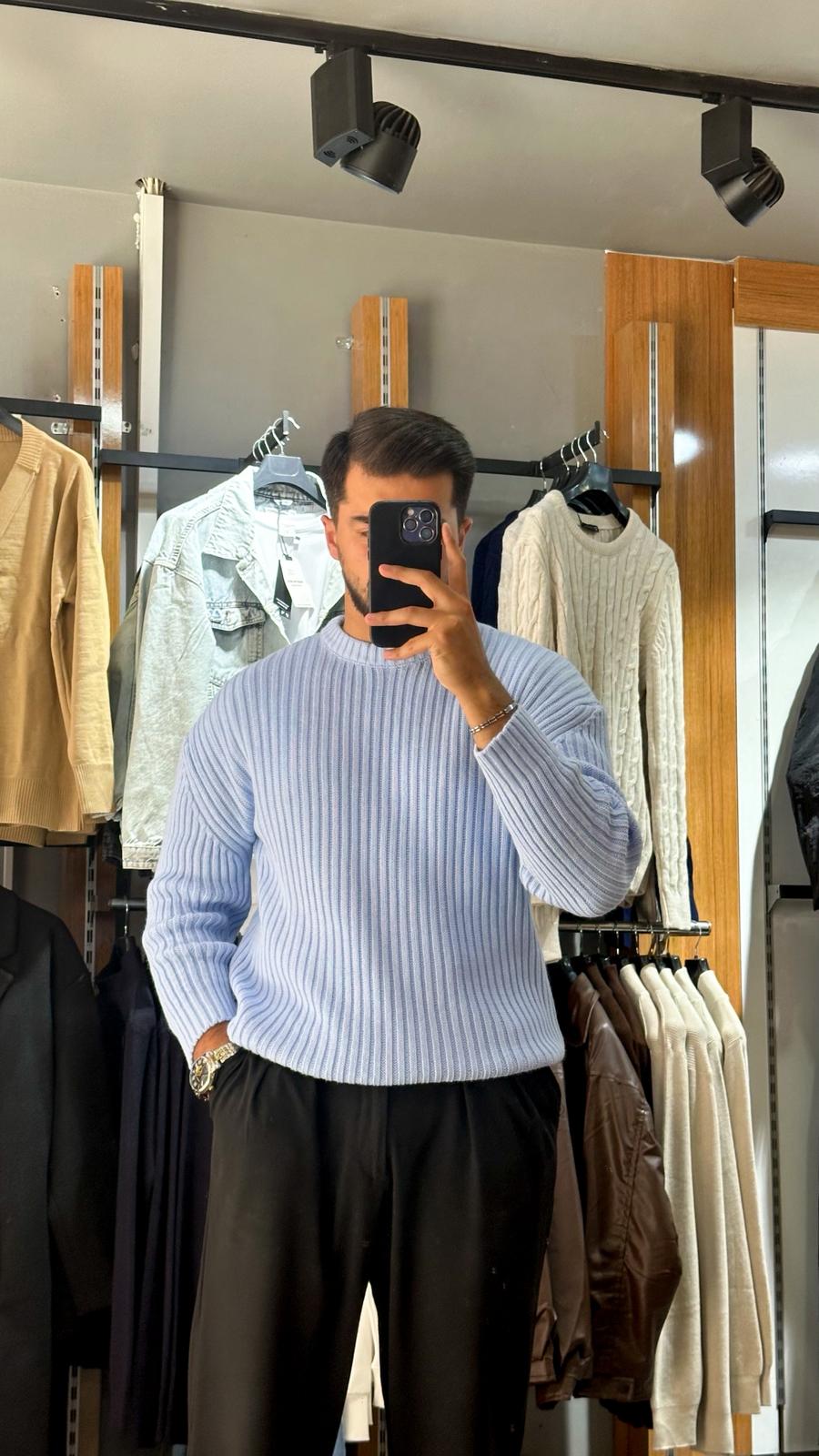 Oversize Örme Triko Kazak - Buz Mavi