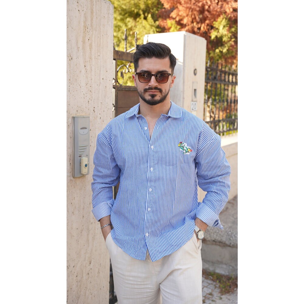 Mavi&Beyaz Nakış Detaylı Gömlek
