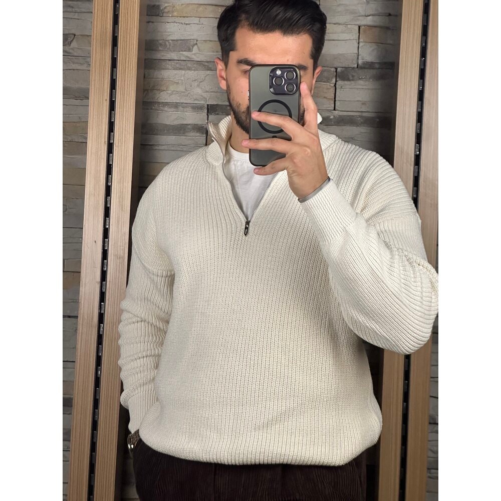 Yarım Fermuarlı Oversize Bej Triko Kazak