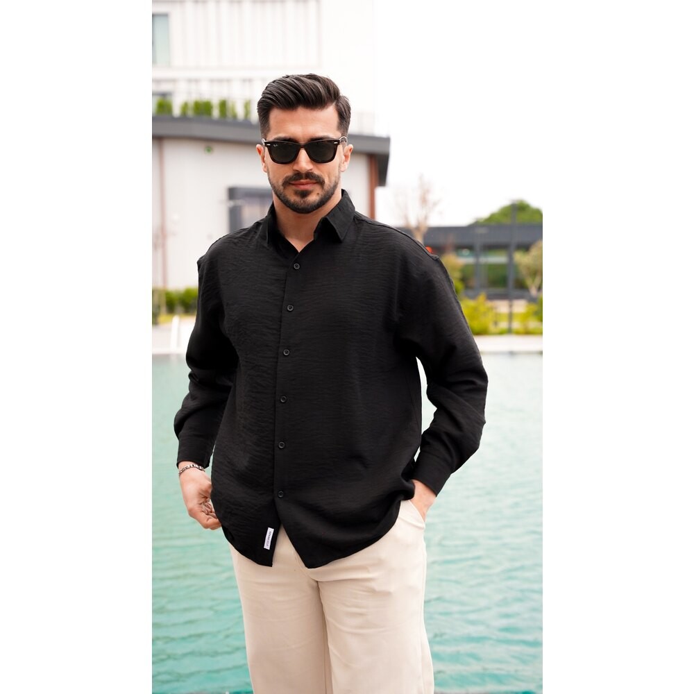 Oversize Siyah Keten Gömlek