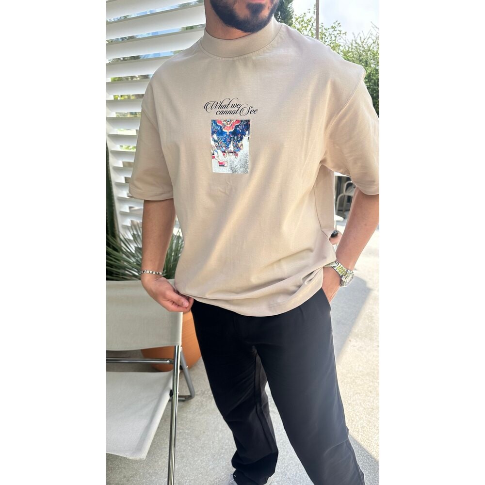 Oversize Baskılı Bej Tişört