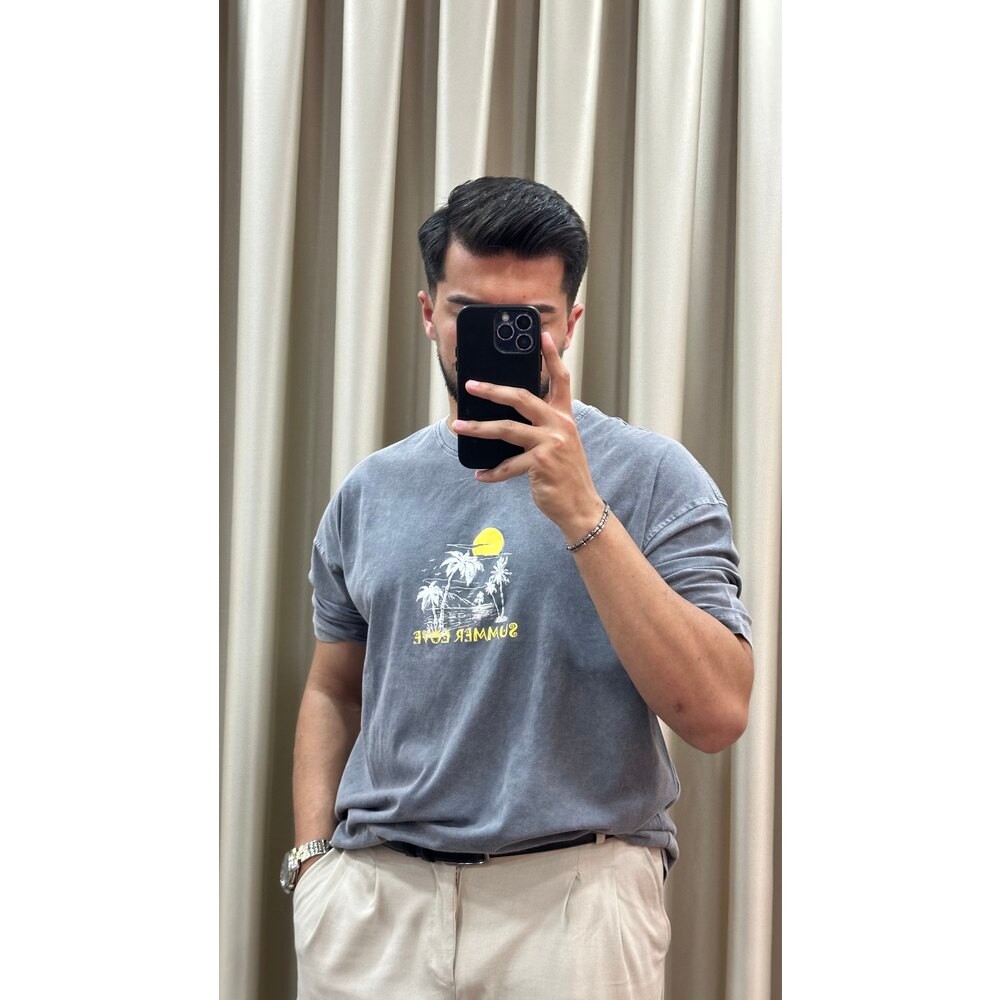 Oversize Yıkamalı Gri Tişört